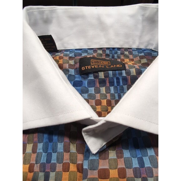 Steven Land Multicolor Square Geometric Pattern Dress Shirt 17 1/2 36/37 Tall - Picture 9 of 14